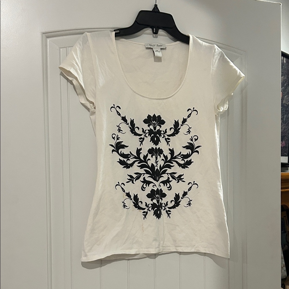 White House Black Market White Scoop Tee with Black Floral Damask